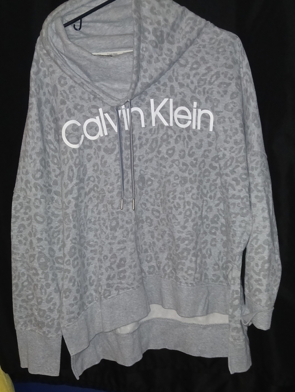 Calvin Klein Gray Leopard Print Cowl Hoodie Sweater